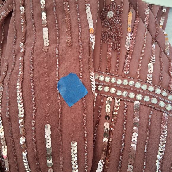 MAC DUGGAL Jewel Lined Neck Long Sleeve Tea Length Rosewood Floral Beaded Sz 12 - Picture 3 of 14